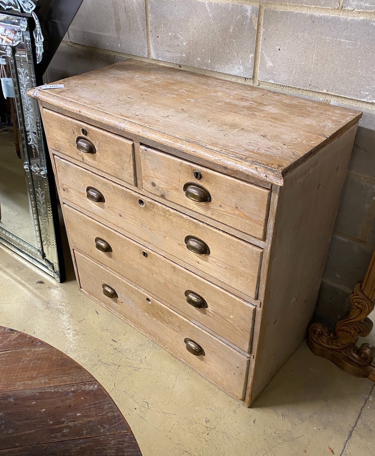 A Victorian pine chest of five drawers, width 96cm